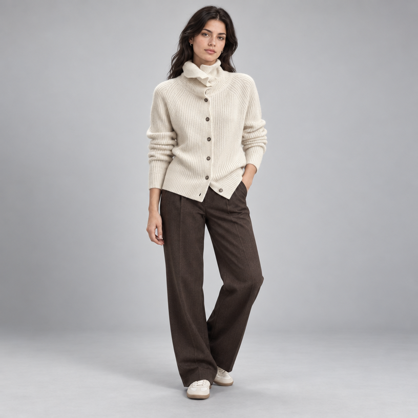 Damen Strickjacke Wolle Kurz Stehkragen Knopfleiste — Weiß