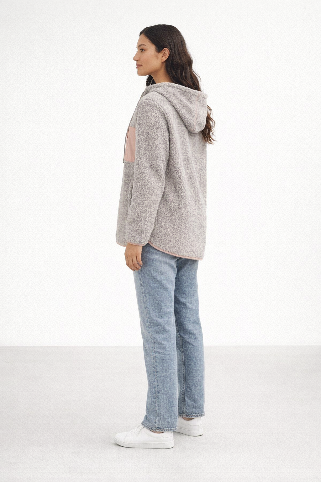 Hellgraue Woll-Teddyjacke mit Kapuze für Damen — Pink