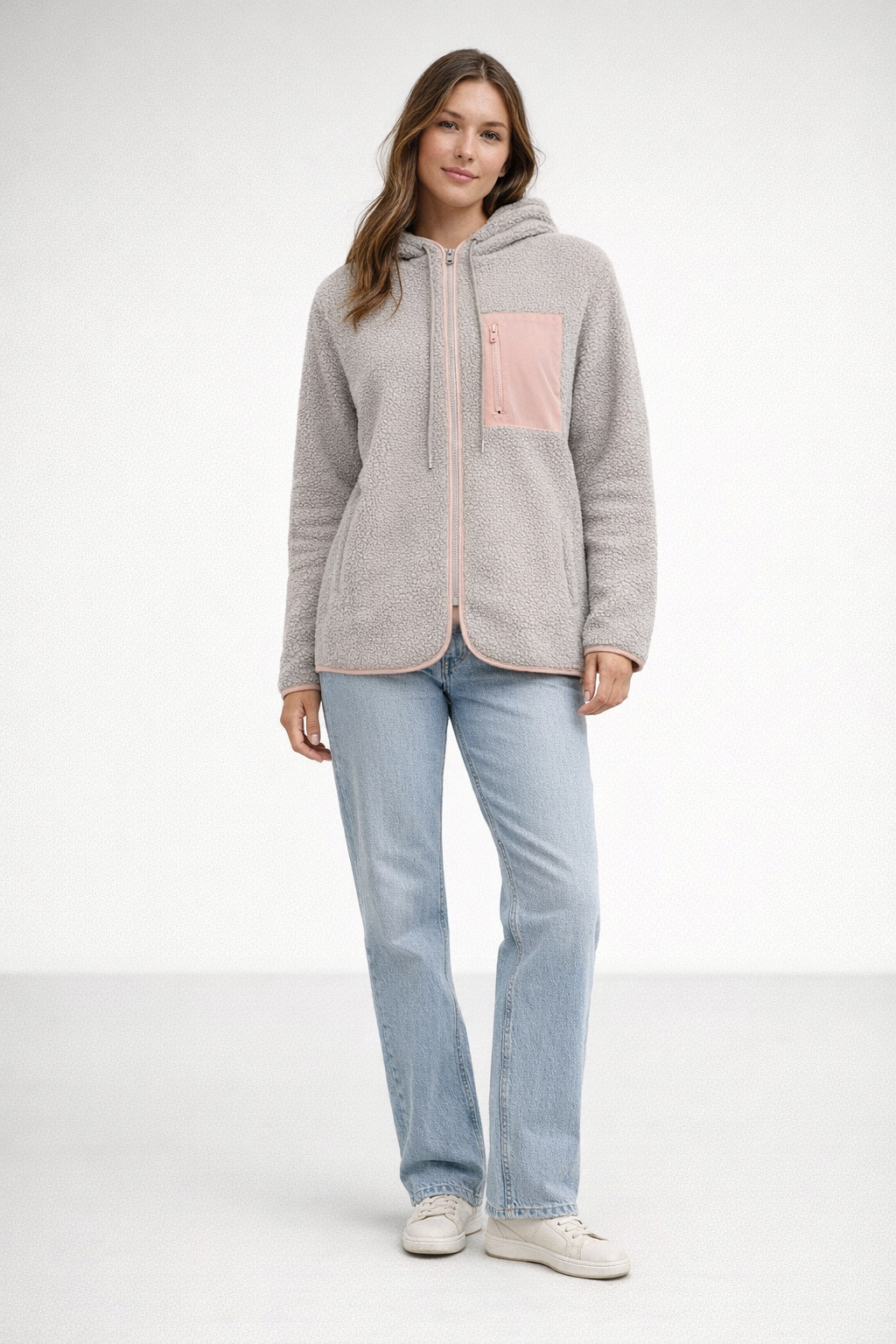 Hellgraue Woll-Teddyjacke mit Kapuze für Damen — Pink