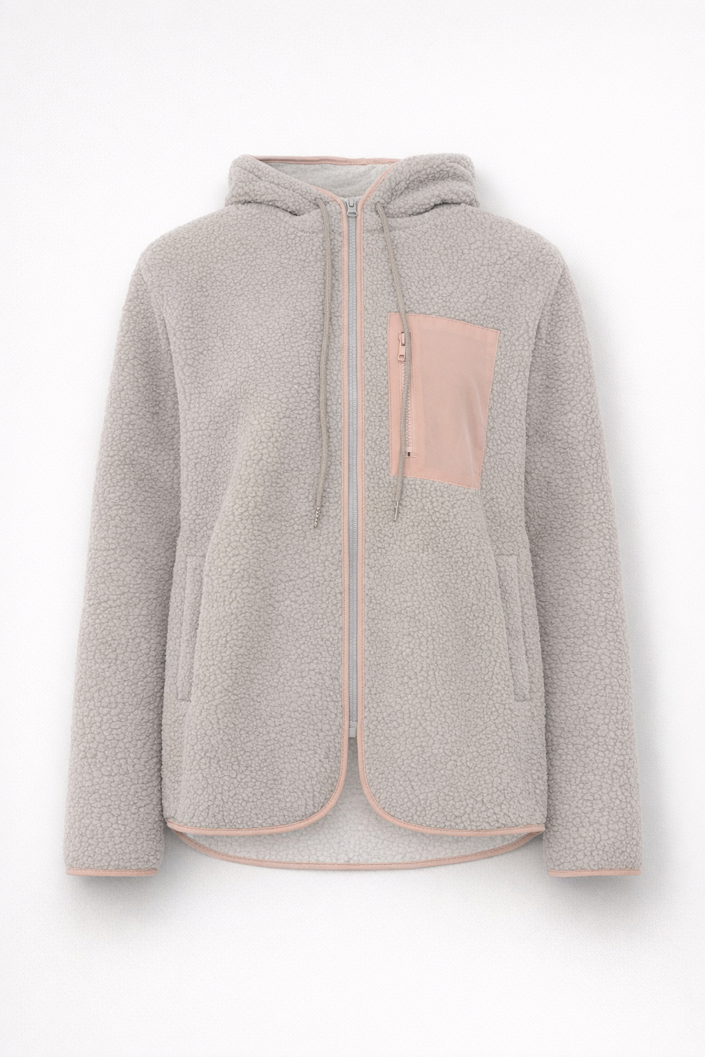 Hellgraue Woll-Teddyjacke mit Kapuze für Damen — Pink
