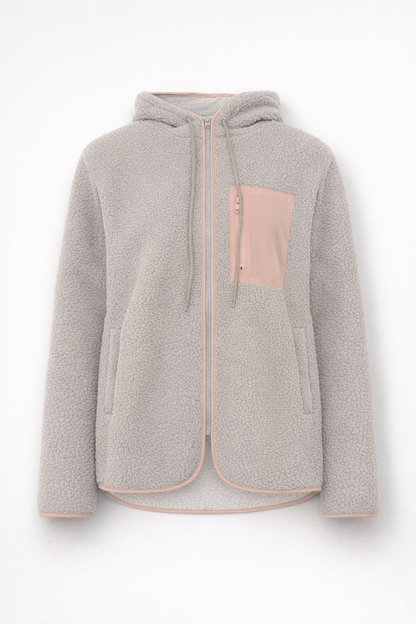 Hellgraue Woll-Teddyjacke mit Kapuze für Damen — Pink