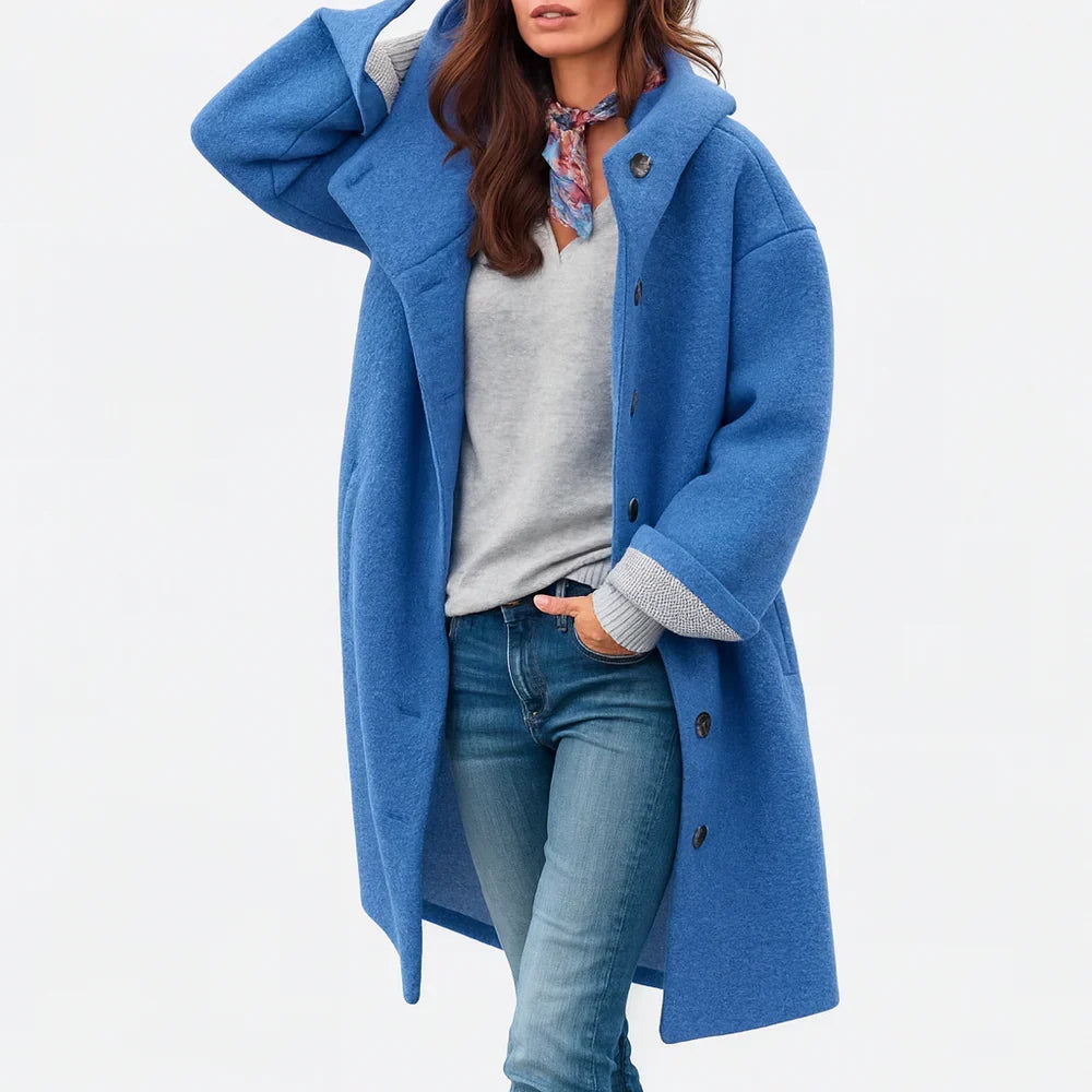 Damen Langer Wollmantel mit Kapuze – Relaxed Fit