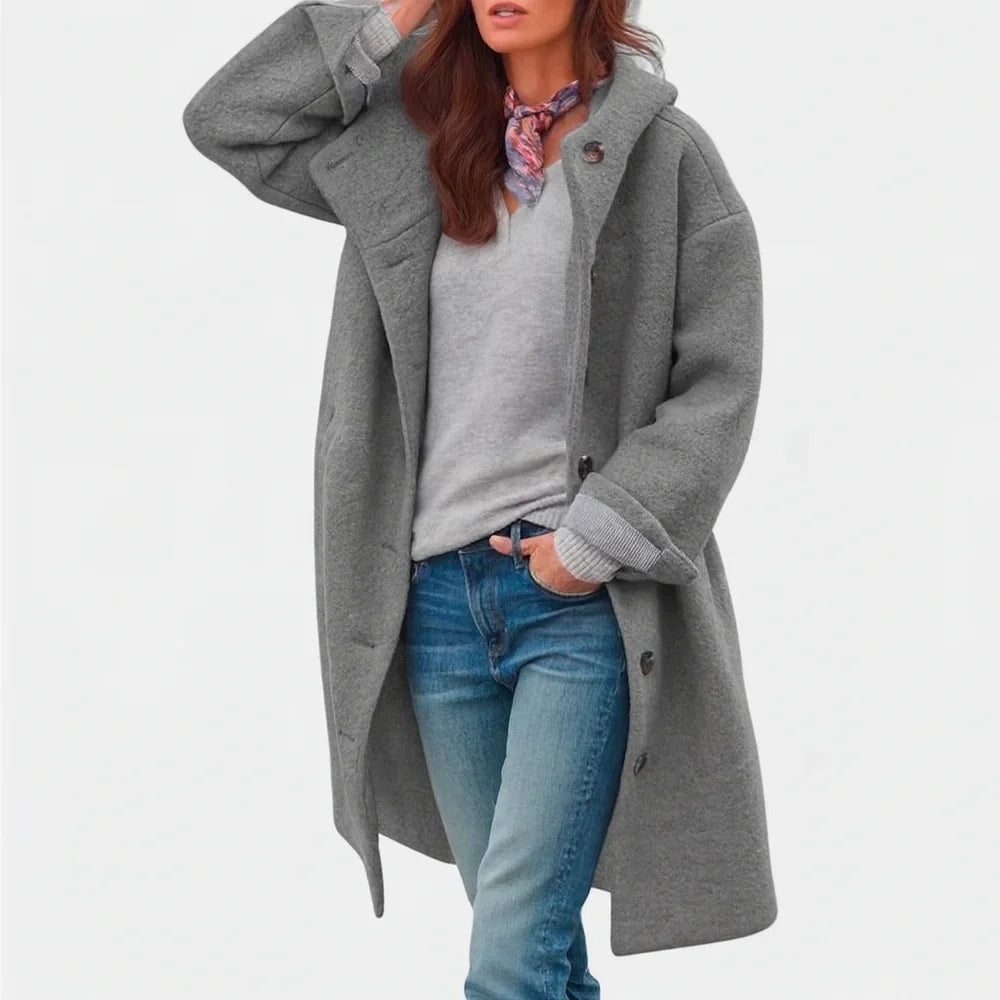 Damen Langer Wollmantel mit Kapuze – Relaxed Fit
