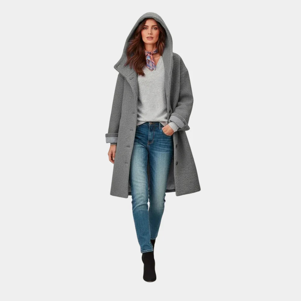 Damen Langer Wollmantel mit Kapuze – Relaxed Fit