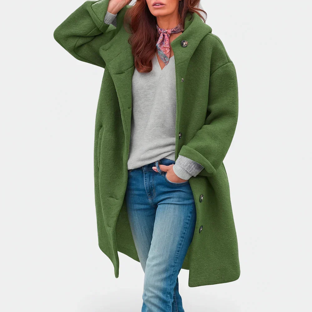 Damen Langer Wollmantel mit Kapuze – Relaxed Fit