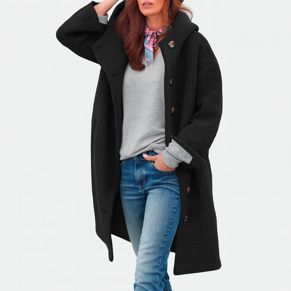 Damen Langer Wollmantel mit Kapuze – Relaxed Fit
