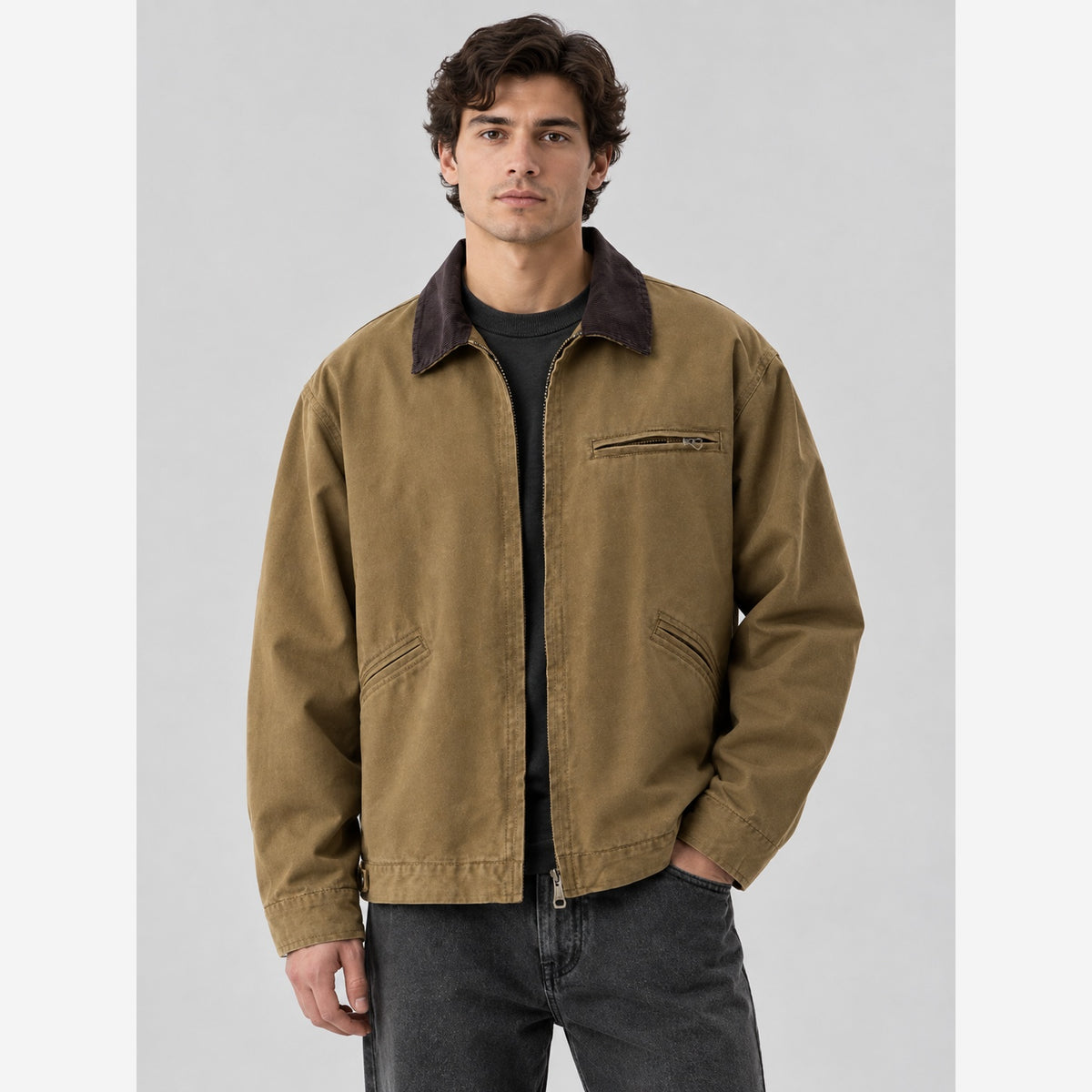Herren Canvas-Barnjacke – Cordkragen, Regular Fit