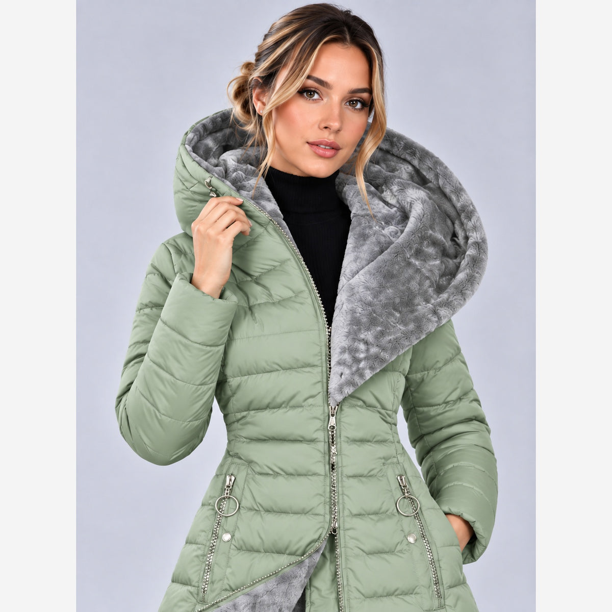 Damen Winterjacke Slim Fit Lange Steppjacke Kapuze