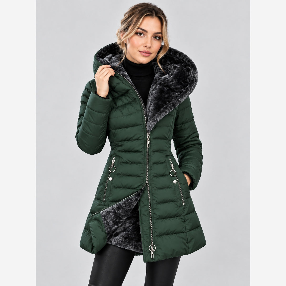 Damen Winterjacke Slim Fit Lange Steppjacke Kapuze
