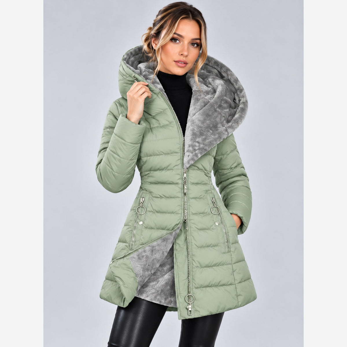 Damen Winterjacke Slim Fit Lange Steppjacke Kapuze