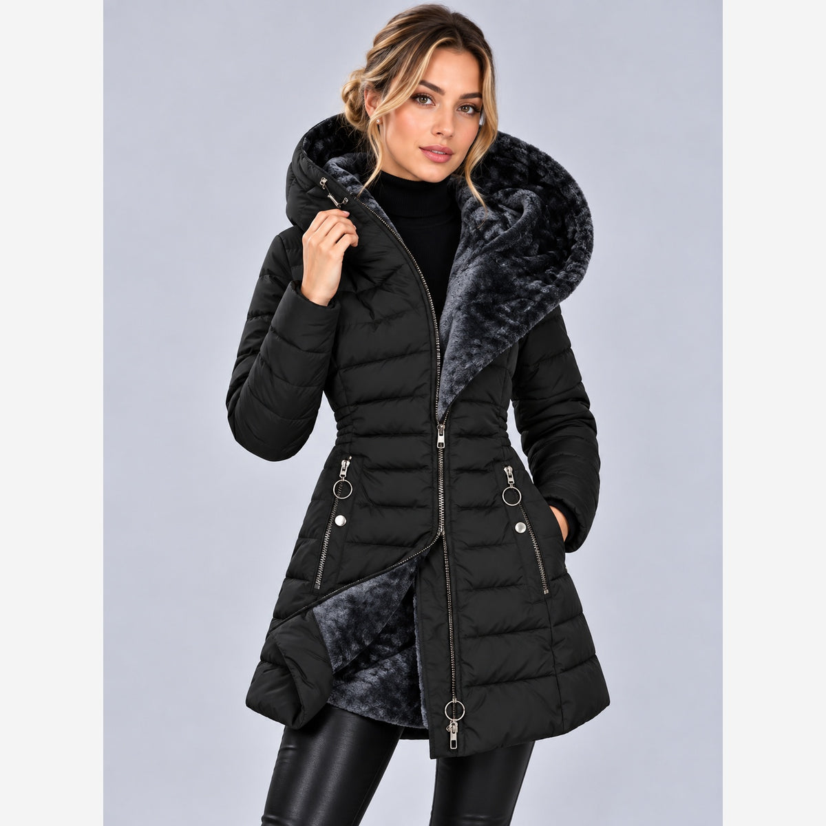 Damen Winterjacke Slim Fit Lange Steppjacke Kapuze