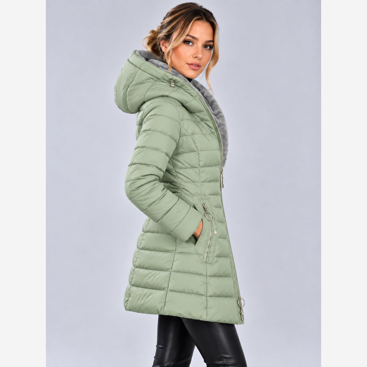 Damen Winterjacke Slim Fit Lange Steppjacke Kapuze