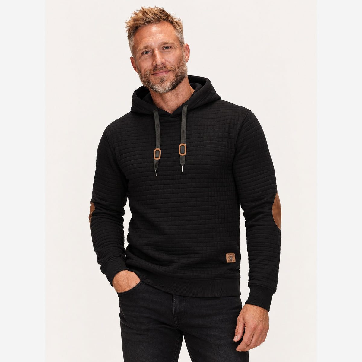 Herren Stepphoodie Regular Fit Ellbogenpatches Wildlederoptik