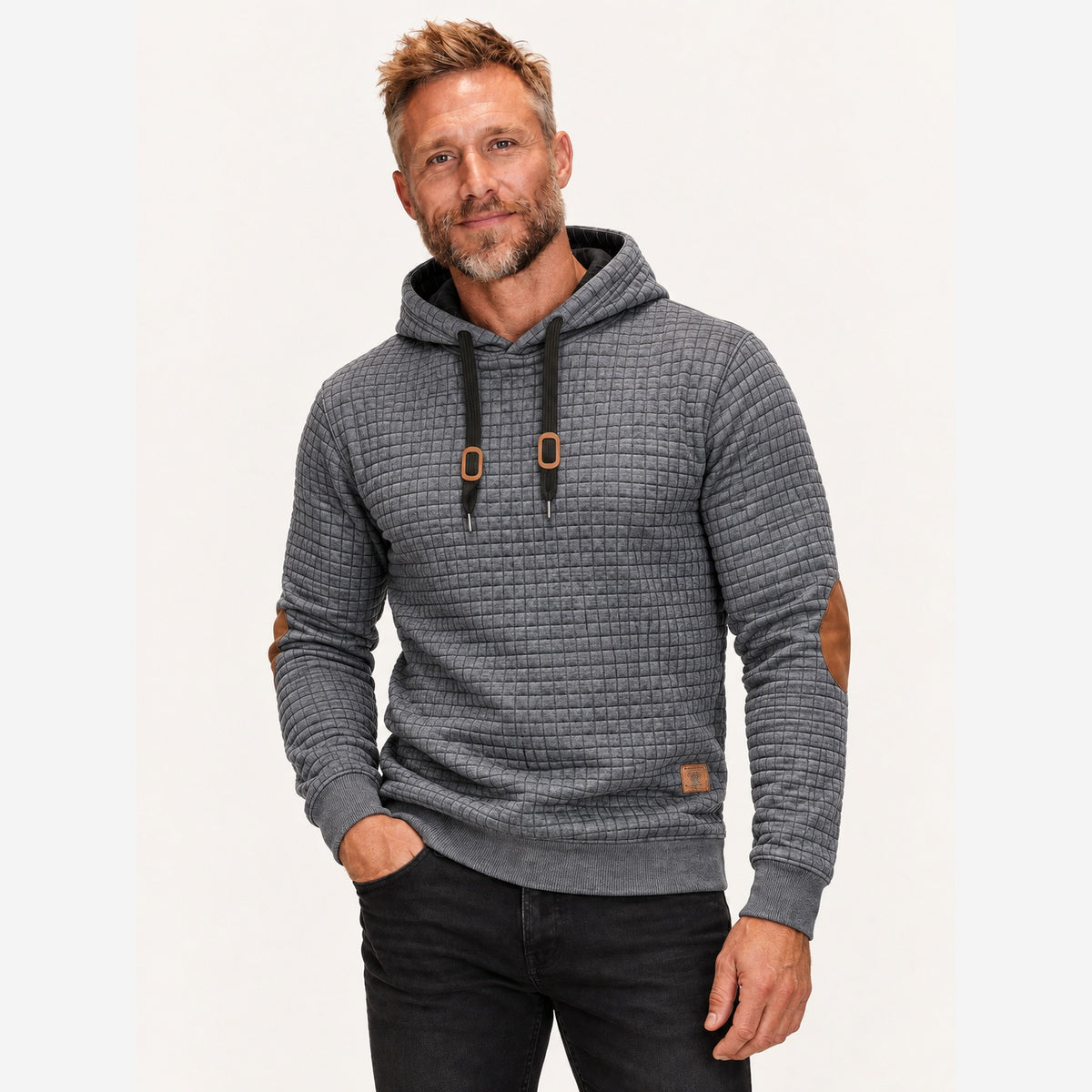 Herren Stepphoodie Regular Fit Ellbogenpatches Wildlederoptik