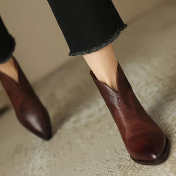 Damen Stiefeletten Spitz Vegan Leder Niedriger Blockabsatz
