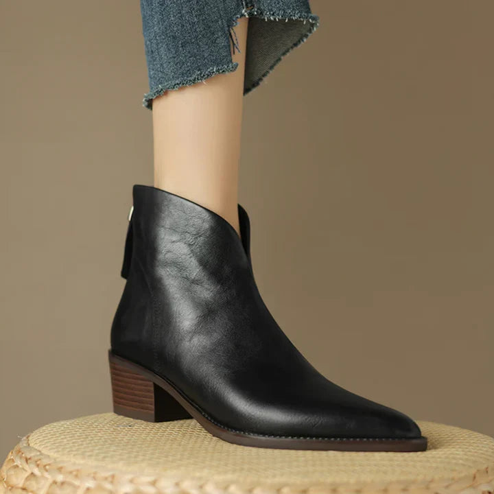 Damen Stiefeletten Spitz Vegan Leder Niedriger Blockabsatz