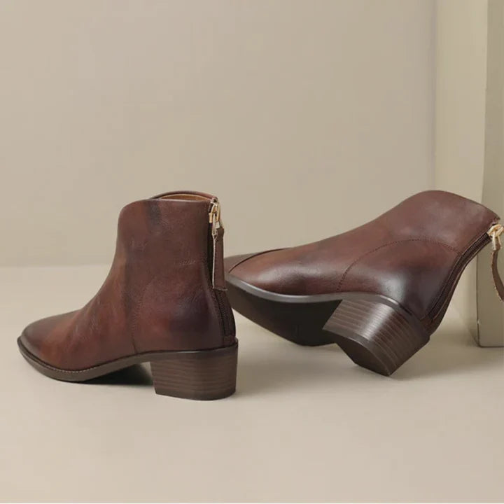 Damen Stiefeletten Spitz Vegan Leder Niedriger Blockabsatz