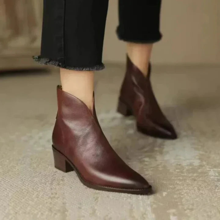 Damen Stiefeletten Spitz Vegan Leder Niedriger Blockabsatz
