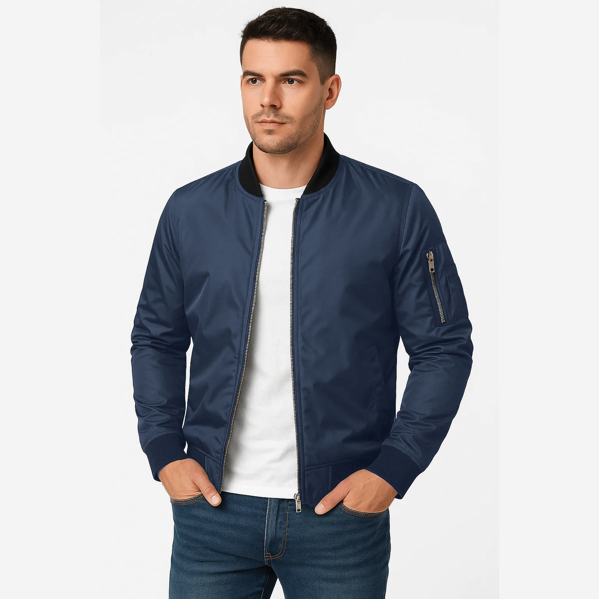 Herren Bomberjacke Leicht Regular Fit Rippkragen Seitentaschen