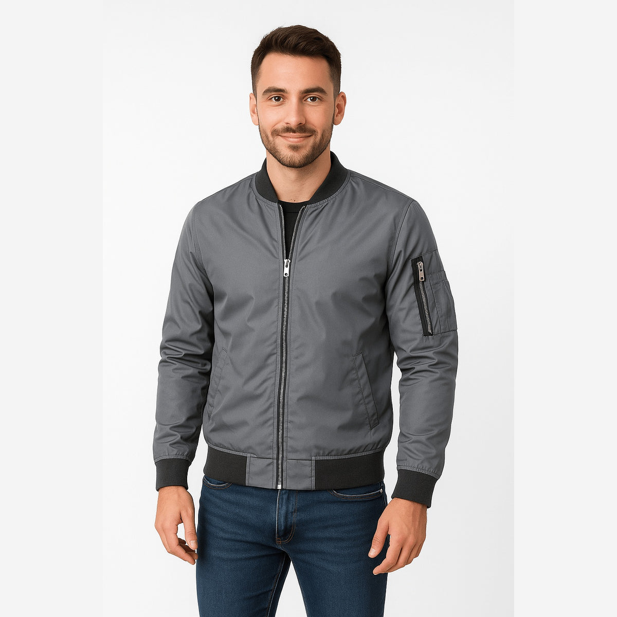 Herren Bomberjacke Leicht Regular Fit Rippkragen Seitentaschen
