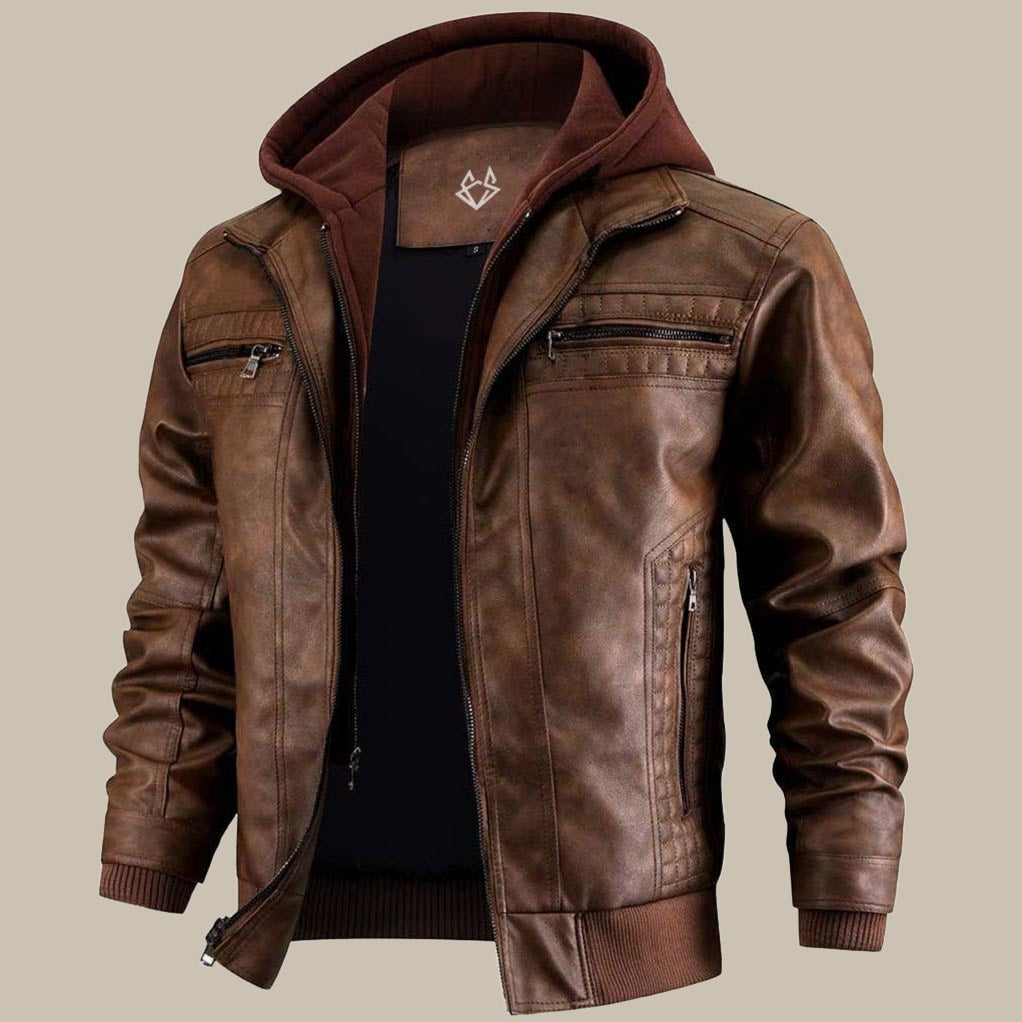 Herren Lederjacke Kunstleder Kapuze Regular Fit Reißverschlusstaschen