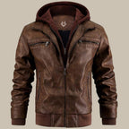 Herren Lederjacke Kunstleder Kapuze Regular Fit Reißverschlusstaschen