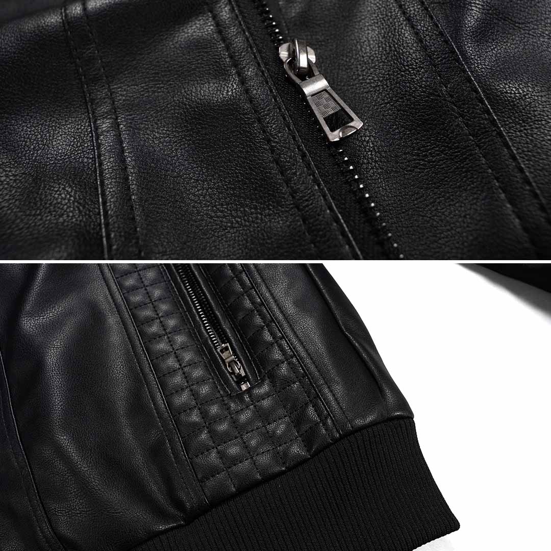 Herren Lederjacke Kunstleder Kapuze Regular Fit Reißverschlusstaschen