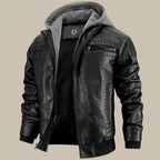 Herren Lederjacke Kunstleder Kapuze Regular Fit Reißverschlusstaschen