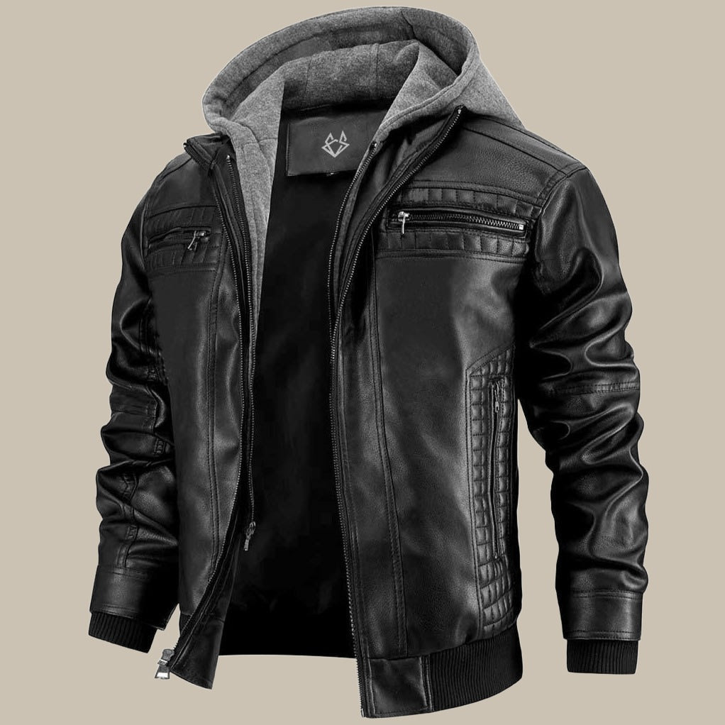 Herren Lederjacke Kunstleder Kapuze Regular Fit Reißverschlusstaschen